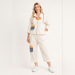 Barbara Lesser Basha 2-Piece Artwear Athleisure Set XL 14/16 Cream Zip Jacket